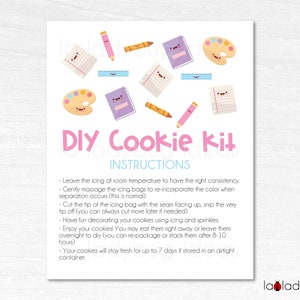 Printable card for DIY Cookie kit instructions. Back to school cookie kit. Printable Instructions card for DIY cookie kit. Mini Cookie card.