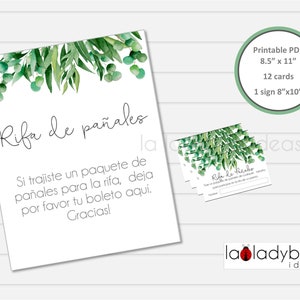 Luierloterijspel in het Spaans. Afdrukbaar. Rifa de pañales, tarjetas en letrero. PDF Direct downloaden. Jongen, meisje, gender reveal babyshower.