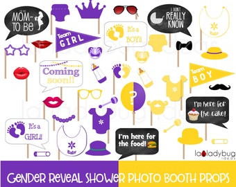 Gender reveal photo booth props. Purple and yellow. Printable DIY photo booth props. Instant download. Boy or girl. He or she. Baby shower.