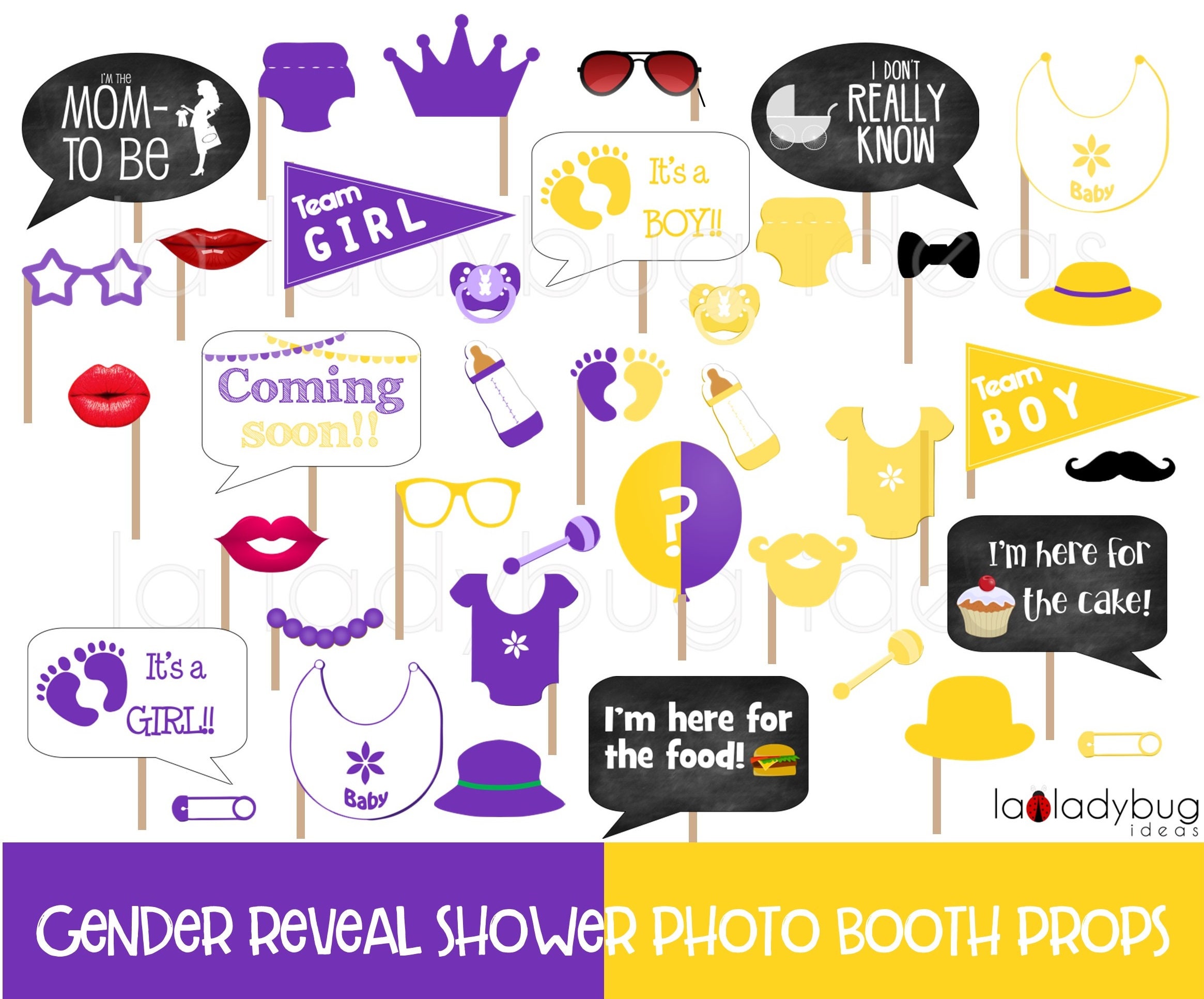 Gender reveal photo booth props. Purple and yellow. Printable Etsy