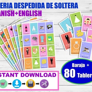 Juego despedida de soltera. Lotería Despedida de soltera Inglés-Español para imprimir. Archivo PDF. Druckbare spanische Bingo Brautparty.