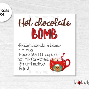 Hot Chocolate Bomb tag 250ml. Hot cocoa bomb instructions card. Printable tags for hot chocolate bombs. Instant download. Label for cocoa.
