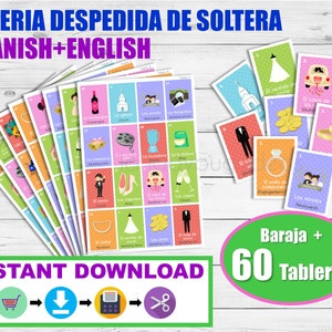 Lotería Despedida de soltera Inglés-Español para imprimir. Juego despedida de soltera. Archiwum PDF. Do druku hiszpańskie bingo wieczór panieński.