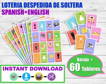 Lotería Despedida de soltera Inglés-Español para imprimir. Juego despedida de soltera. Archivo PDF. Printable Spanish Bingo Bridal Shower.