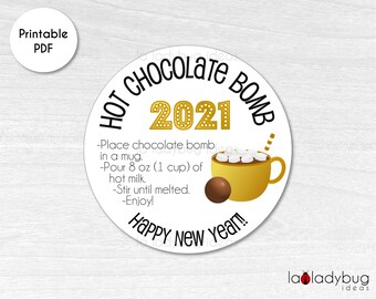 Etiqueta para bomba de chocolate caliente, instrucciones de Año Nuevo (PDF imprimible)