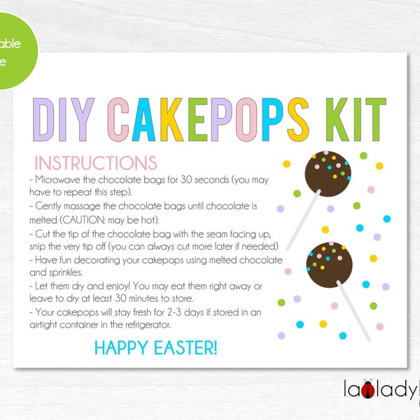 DIY Cakepops kit instructions card. Easter. Printable Instructions card for DIY Cakepops kit. Cake pops card Printable instructions