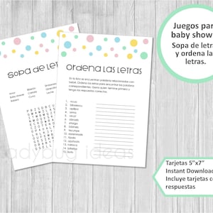 Jogos baby shower digitais. Sopa de letras. Ordena palavras. Descarga imediata. Jogos de chá de bebê em espanhol. Download instantâneo. Imprimir.