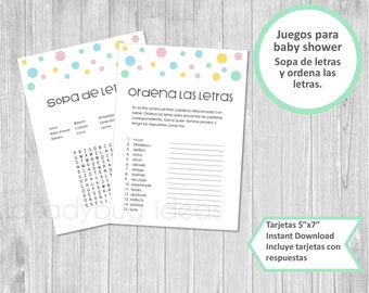 Spanish Baby Shower Games | Word Scramble & Search (PDF/JPEG)