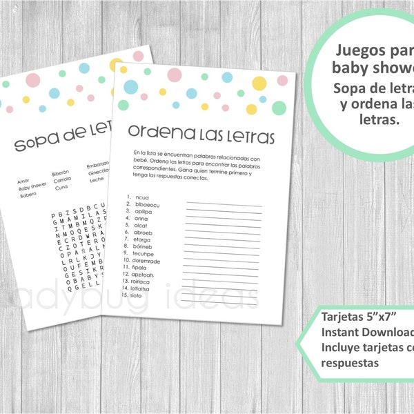 Juegos baby shower digitales. Sopa de letras. Ordena palabras. Descarga inmediata. Baby shower games in spanish. Instant download. Imprimir.