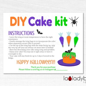 Cartão de instruções do kit de bolo DIY. Dia das Bruxas. Cartão de bolo de modelo editável. Decore seu cartão de bolo para impressão. Cartão de instruções de cookies.