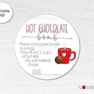 Hot Chocolate Bomb tag. Hot cocoa bomb instructions card. Printable tags for hot chocolate bombs. Instant download. Round label for cocoa.