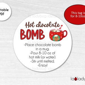 Hot Chocolate Bomb tags 8-10oz. Hot cocoa bomb instructions card. Printable tags for hot chocolate bombs. Instant download. Round label.