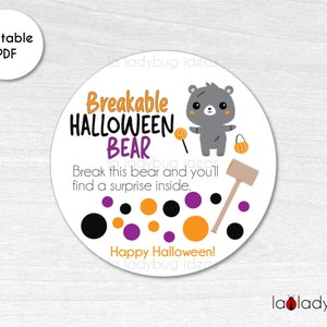 Breakable chocolate Halloween bear tag. Breakable bear printable tag. Printable tags for Halloween. Halloween tags. Instant Download file.