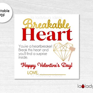 Breakable heart chocolate tag. Breakable heart custom tag. Printable tags for breakable chocolate heart. Instant Download. Valentine&#39;s Day.