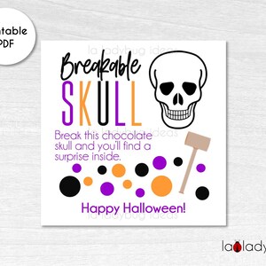 Breakable chocolate skull tag. Breakable skull printable tag. Printable tags for Halloween. Halloween tags. Instant Download file.