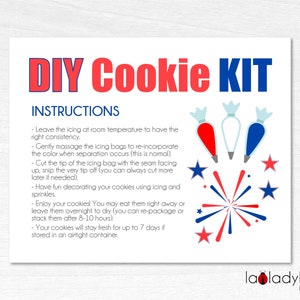 Le 4 juillet. Carte imprimable pour les instructions du kit DIY Cookie. Carte d'instructions imprimable pour le kit de biscuits DIY. Carte d'instructions du kit de biscuits.