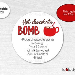 Hot Chocolate Bomb tag 12oz. Hot cocoa bomb instructions card. Printable tags for hot chocolate bombs. Instant download. Round label.
