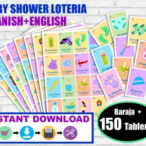 Lotería Baby Shower Ingles y Español. Baraja + 150 cartas. Juego para baby shower. PDF para imprimir. English and Spanish. Instant download