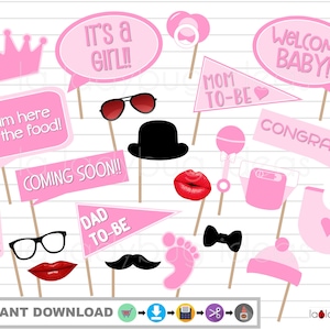 Pink Baby shower photo booth props for girl. PDF Printable. DIY baby shower props. Baby shower photo props Pink for girl.