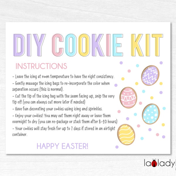 Easter DIY Cookie kit instructions. Printable Instructions card for DIY cookie kit. Easter Cookie kit card Printable file for instructions.