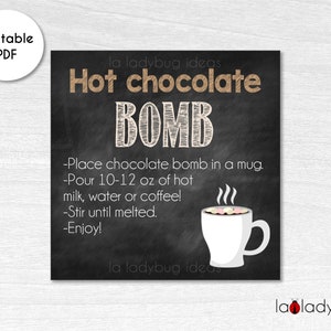 Hot cocoa bomb instructions card 10 to 12 oz. Printable tags for hot chocolate bombs. Instant download. Square label. Hot Chocolate Bomb tag