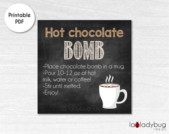 Hot cocoa bomb instructions card 10 to 12 oz. Printable tags for hot chocolate bombs. Instant download. Square label. Hot Chocolate Bomb tag