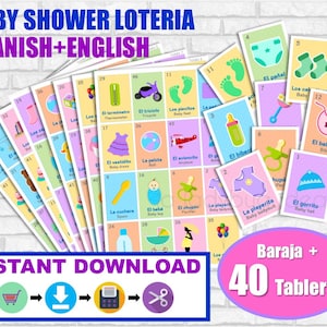 Lotería Baby Shower Ingles y Español. Juego para baby shower. PDF para imprimir. Baby shower bingo. English and Spanish. Instant download image 1