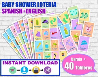 Lotería Baby Shower Ingles y Español. Juego para baby shower. PDF para imprimir. Baby shower bingo. English and Spanish. Instant download