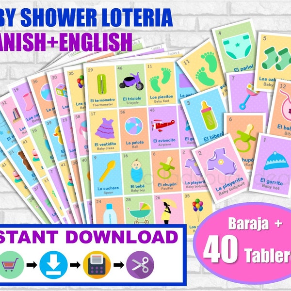 Lotería Baby Shower Ingles y Español. Juego para baby shower. PDF para imprimir. Baby shower bingo. English and Spanish. Instant download