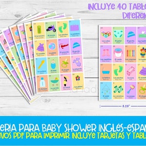 Lotería Baby Shower Ingles y Español. Juego para baby shower. PDF para imprimir. Baby shower bingo. English and Spanish. Instant download image 3