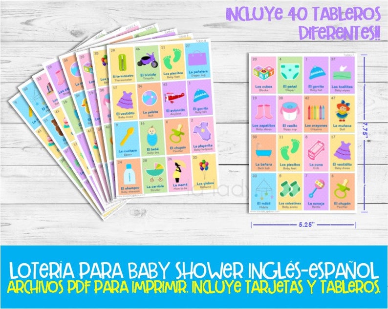 Lotería Baby Shower Ingles y Español. Juego para baby shower. PDF para imprimir. Baby shower bingo. English and Spanish. Instant download image 3