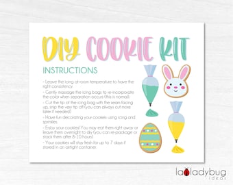 Easter DIY Cookie kit instructions. Printable Instructions card for DIY cookie kit. Easter Cookie kit card Printable file for instructions.