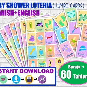 Baby shower Lotería Ingles y Español. Tableros tamaño carta. Juego para baby shower PDF para imprimir. English and Spanish. Instant download