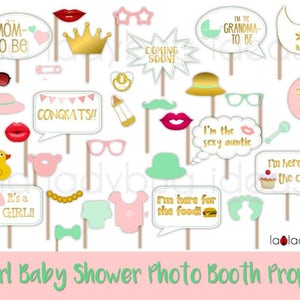 Baby shower photo props gold, pink and mint for Girl, Printable. Baby shower photo booth props. DIY selfie station props. Instant download.