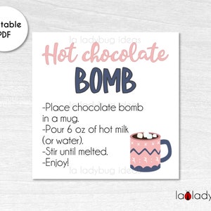 Hot Chocolate Bomb tag for 6oz. Hot cocoa bomb instructions card. Printable tags for hot chocolate bombs. Instant download. Label for cocoa.