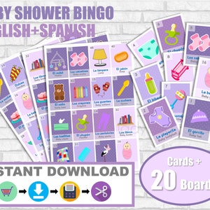 GIRL Baby Shower Bingo English-Spanish. Purple Lavender. GIRL Baby shower loteria para niña. PDF para imprimir. Instant download. Rose Gold