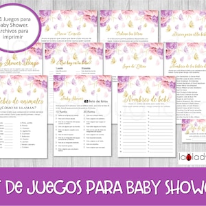 Juegos babyshower voor imprimir. 11 juego's en PDF. Babyshowerspellen in het Spaans. Denk aan letras, carrera de nombres, bingo. Gouden safari.