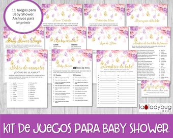 Juegos baby shower para imprimir. 11 juegos en PDF. Baby shower games in Spanish. Sopa de letras, carrera de nombres, bingo. Gold safari.