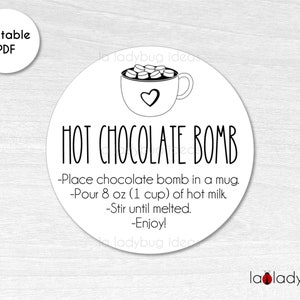 Hot Chocolate Bomb tag. Hot cocoa bomb instructions card. Printable tags for hot chocolate bombs. Instant download. Round label for cocoa.