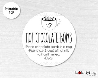 Hot Chocolate Bomb tag. Hot cocoa bomb instructions card. Printable tags for hot chocolate bombs. Instant download. Round label for cocoa.