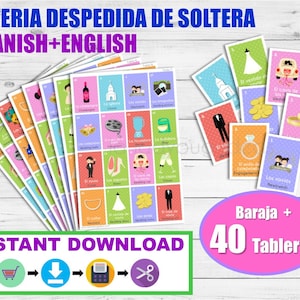 Lotería Despedida de soltera Inglés-Español para imprimir. Juego despedida de soltera. Archivo PDF. Printable Spanish Bingo Bridal Shower.