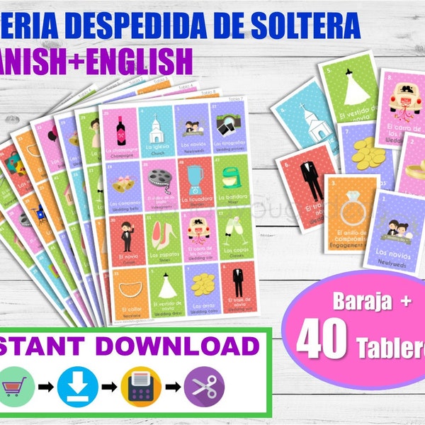 Lotería Despedida de soltera Inglés-Español para imprimir. Juego despedida de soltera. Archivo PDF. Druckbare spanische Bingo Brautparty.