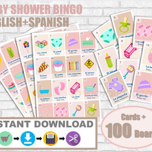 Baby Shower Bingo English-Spanish. Girls rose color.  Baby shower para niña 100 cartas. PDF para imprimir. Pink Loteria baby shower nina