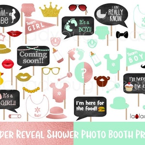 Gender reveal baby shower photo booth props. Rose gold and mint.  Printable DIY baby shower props. Instant download. Boy or girl. He or she