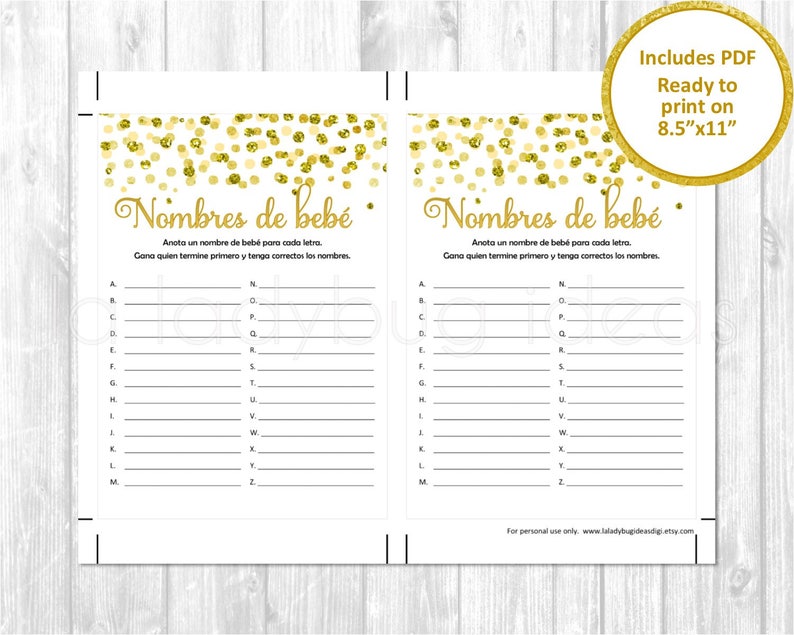 Juegos para baby shower para imprimir Descarga inmediata Baby names game for baby shower in spanish. Nombres de bebe Carrera de nombres