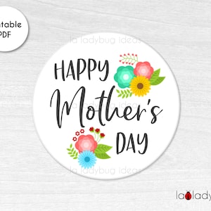 May include: A white circle with a floral design and the text "Happy Mother's Day" in black.