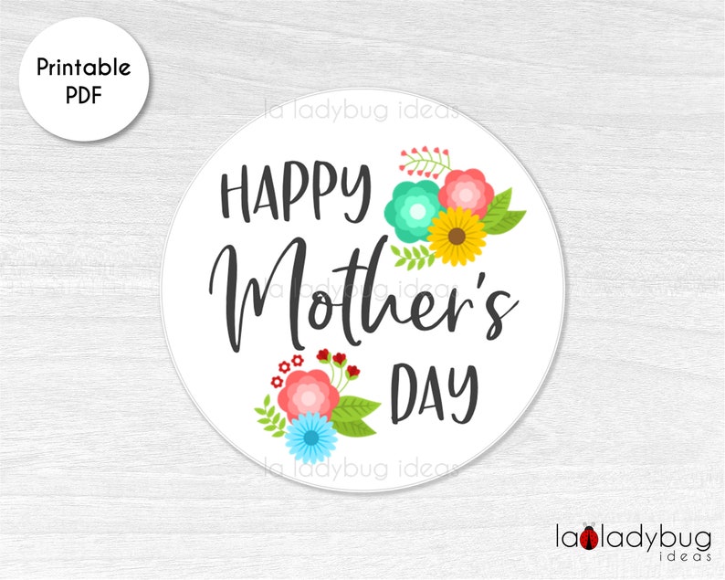 May include: A white circle with a floral design and the text "Happy Mother's Day" in black.