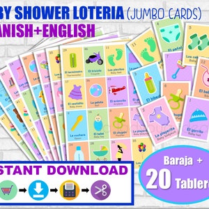 Baby shower Lotería Ingles y Español. Tableros tamaño carta. Juego para baby shower PDF para imprimir. English and Spanish. Instant download