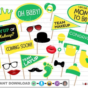 Baby Shower photo booth props. Green and yellow baby shower photo booth props. PDF Printable. DIY baby shower props. Layup or makeup.