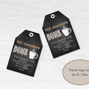 Hot cocoa bomb Tags 8-10oz. Hot chocolate bomb instructions card. Printable PDF. Instant Download. Hot cocoa bomb gift tag with instructions